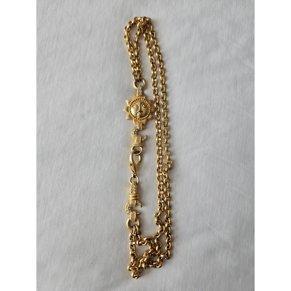 Gold Tone Chunky Double Chain Sun + Moon + Jewel Necklace W/ Lobster Clasp - Picture 3 of 7